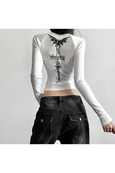 8line White Gothic Dragon Slayer Long Sleeve Crop