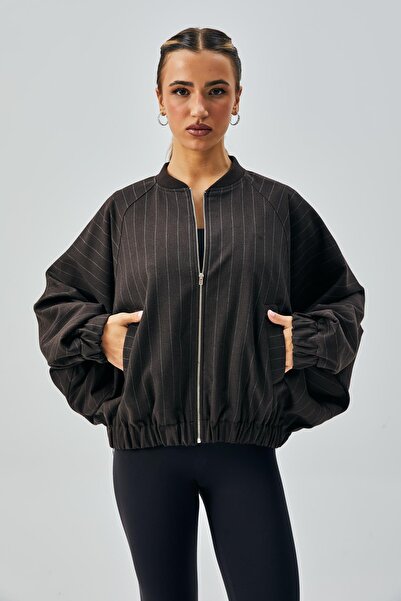 minaaise Kadın Kahve Yün Poliviskon Çizgili Fermuarlı Oversize Bomber Ceket 28075