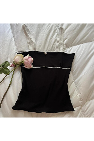 8line Siyah Fairycore Grunge Beyaz Dantel Askılı Crop