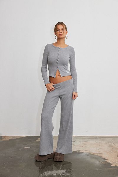 bases. Ribbed Elastic Waist Wide Leg Knitted Trousers