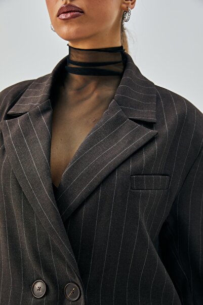 minaaise Γυναικείο μπουφάν σακάκι με κουμπιά πέτο με διπλό στήθος ριγέ πολυβίσκο από μαλλί καφέ 28076