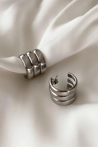 mrsflower jewelry STEEL SILVER TRIPLE LOOKING HOOP EARRING