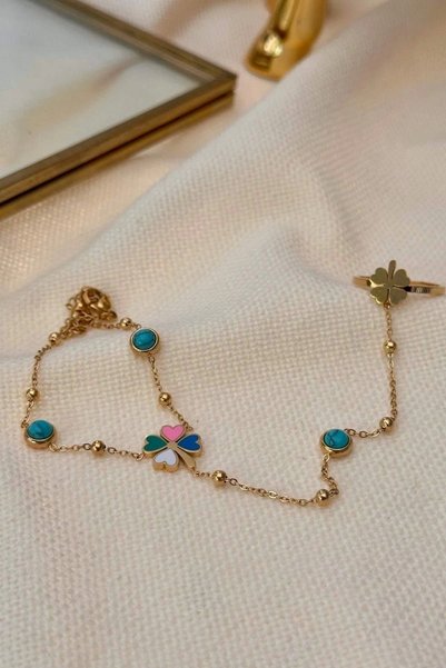 mrsflower jewelry Çelik Firuze Taşlı ve Yonca Yüzük Model Şahmeran