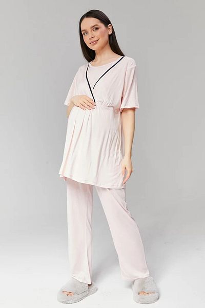 BLACKMORE Women's Powder Special Piping Cotton Pregnant Maternity Dressing Gown 3-Piece Pajamas Set