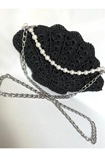 DNA MODA İnci Kolye Detaylı Siyah Midye Çanta / İnci Kolyeli İstridye Çanta /...