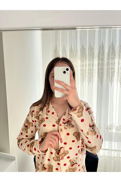 Lena Homewears Buttoned Suede Pajama Set with Powder Lingerie and Teddy Bear Pattern