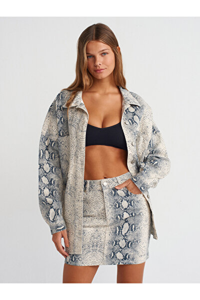 Dilvin 80572 Yılan Baskılı Mini Denim Etek-ekru