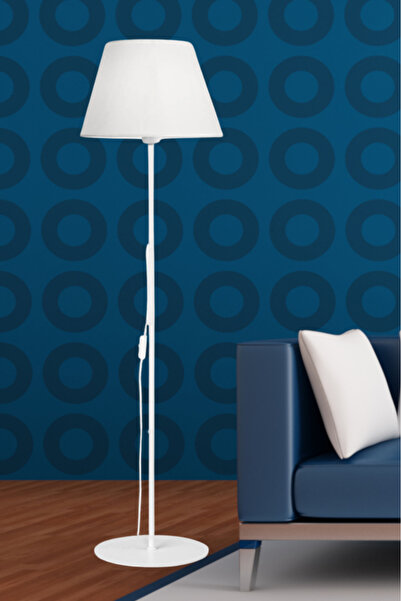 Art&Gift Slav Hazır Konik Kumaş Başlık Beyaz Metal Lambader Salon Köşe Lambası