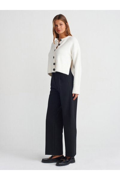 Dilvin 60280 Stand Collar Buttoned Soft Textured Slit Knitwear Cardigan-Ecru