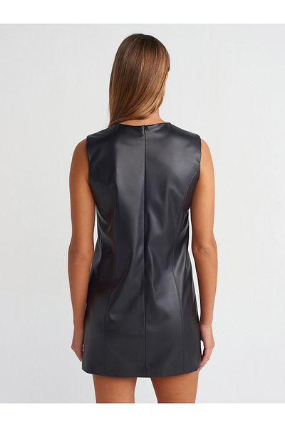 Dilvin 90904 Sleeveless Leather Dress-Black