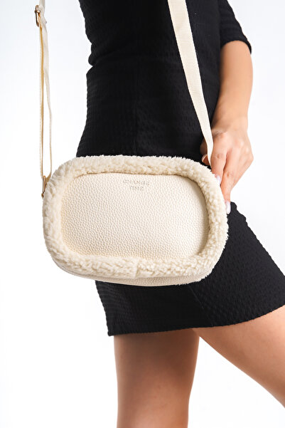 Zlato Women's Beige Fur Plush Small Zippered Shoulder Bag with Strap