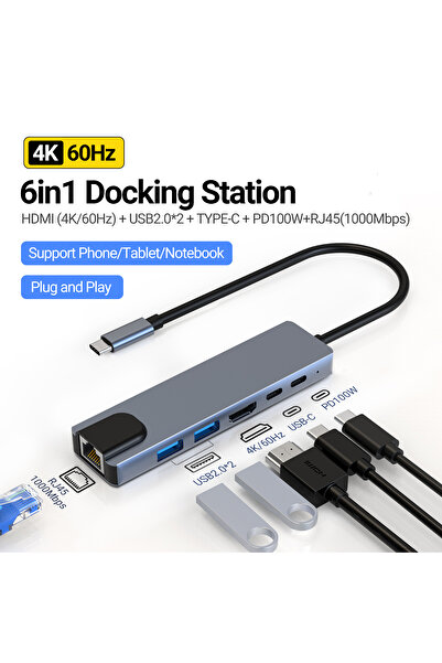 Choice1 101060006 موزع 6 في 1 USB-C إلى HDMI بدقة 4K، محطة إرساء، منفذ RJ45، ...