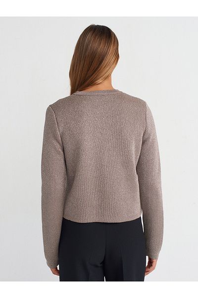 Dilvin 60245 - Crew Neck Mink Knitwear Cardigan with Shiny Stone Buttons and Pockets