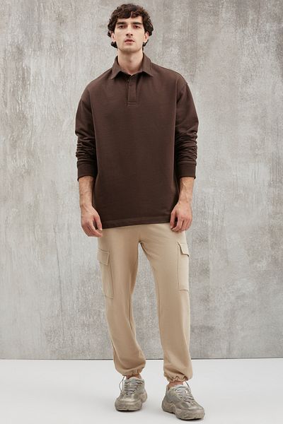 GRIMELANGE John Herren-Polo-Sweatshirt-Kragen, langer Schlitz auf der Rückseite, diagonaler Stoff, dunkelbraunes Sweatshir