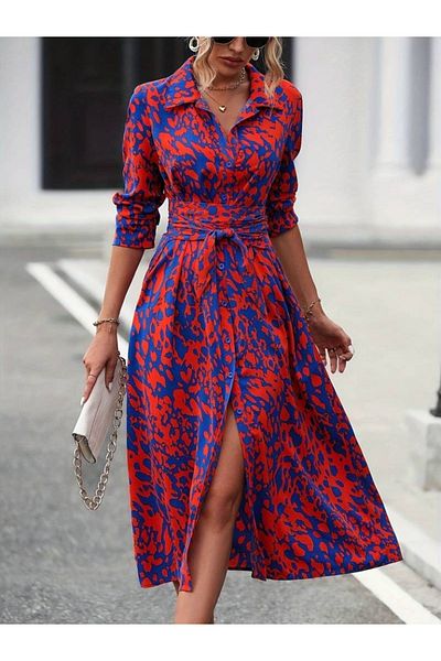 Moka Shopin Feminine Touch Women's Long Sleeve Neckline Front Button Waist Belted Long Single Jersey Dress