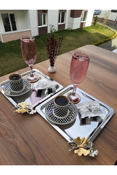 AHİR TİCARET Stainless Steel Square 6-Piece Silver and Gold with Butterfly Accessories, Decorative Presentation Serving Tray