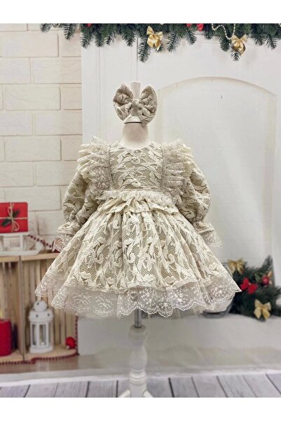 Nissa فستان بناتي من الدانتيل الفرنسي المخملي الكريمي (4 قطع)