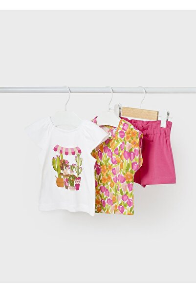 MAYORAL طقم شورت قطني ممشط للفتيات الصغيرات مع قميصين