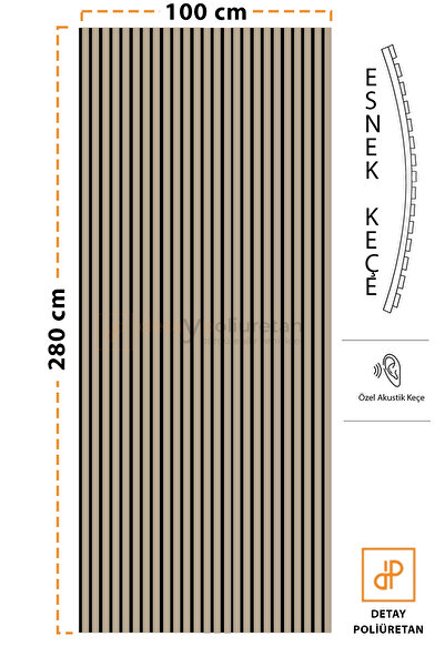 Genel Markalar 8mm Mdf Ahşap Akustik Duvar Paneli 100x280 Cm ( Krem ) (8mm mdflam-4mm keçe)