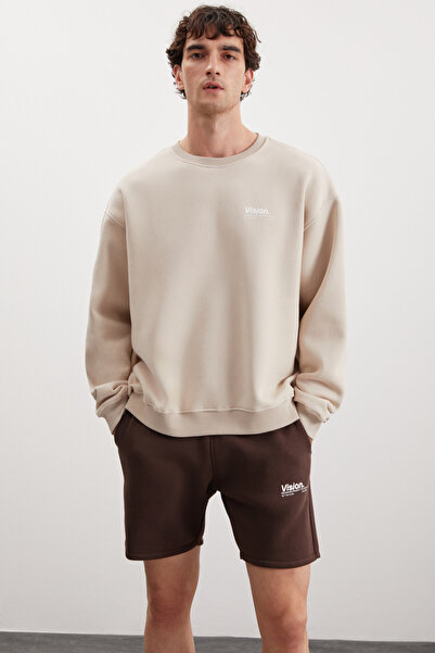 GRIMELANGE Ανδρικό φούτερ από οργανικό βαμβάκι με μαλακή εκτύπωση με λεπτομέρεια Crew Neck Fleece Inside Mink