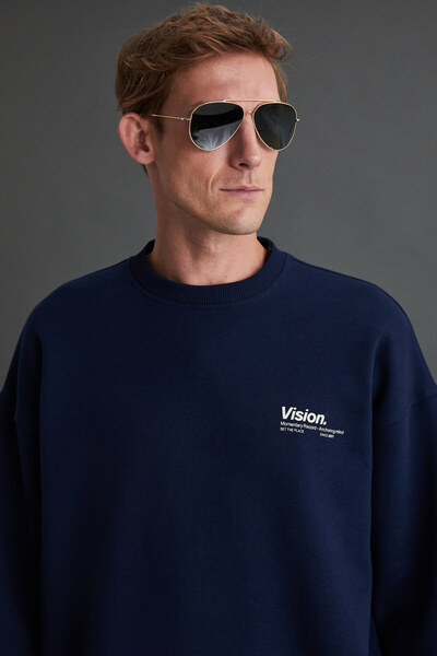 GRIMELANGE Ανδρικό φούτερ Ernest Soft Fleece Inside Print Λεπτομερές φούτερ από οργανικό βαμβάκι Oversize Navy Blue