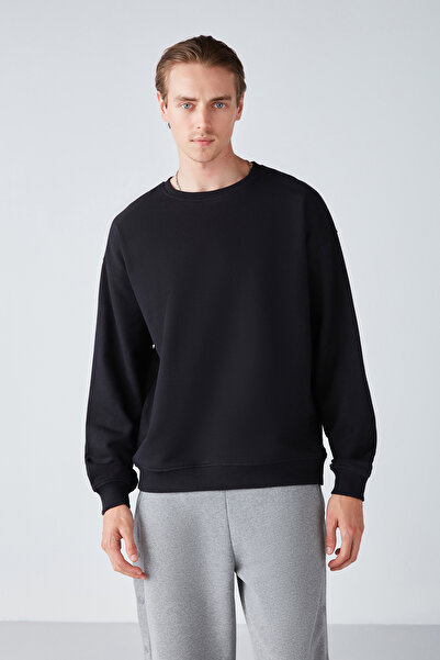 GRIMELANGE Stephan Erkek Yumuşacık Kışlık Kumaşlı 3 Iplik Organik Pamuk Örme Oversize Siyah Sweatshirt