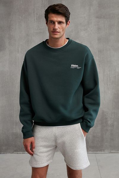 GRIMELANGE Ernest Herren-Sweatshirt aus weicher Bio-Baumwolle mit detailliertem Rundhalsausschnitt und Fleece-Innenseite in Dunkelgrün