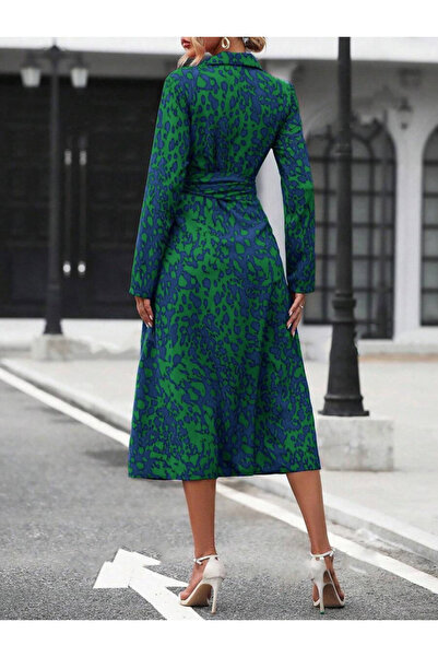 Moka Shopin Feminine Touch Women's Long Sleeve Neckline Front Button Waist Belted Long Single Jersey Dress