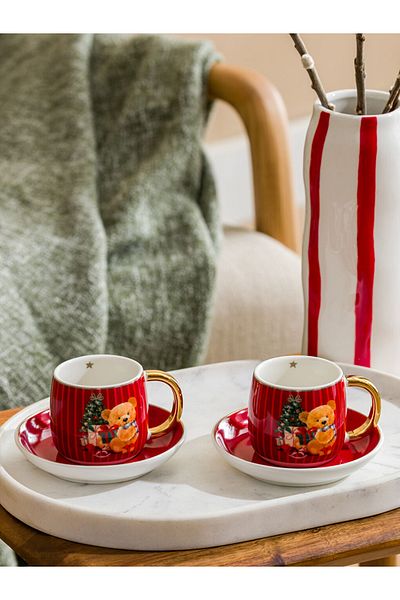 LC Waikiki Red Christmas Themed Coffee Cup Set for 2 People 90 ml