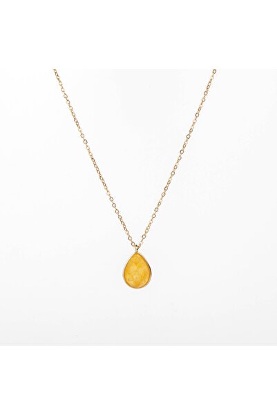 Paleo Sitrin Taşı Doğal Taş Çelik Kolye, Damla Şeklinde