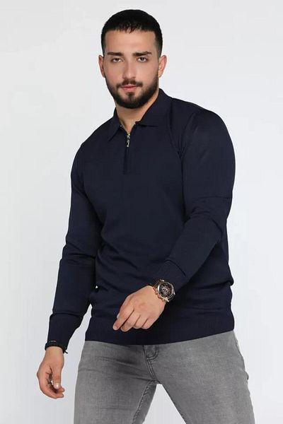 CLASSİCS MEN Slim Fit Ανδρικό πλεκτό πουλόβερ με γιακά πόλο με φερμουάρ-7030