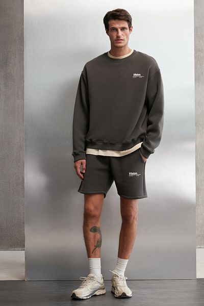 GRIMELANGE Pánská mikina Ernest z měkké látky Oversize Fit s kulatým límečkem a potištěnou šedou mikinou