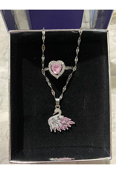 ANGELSS JEWELLERY طقم قلادة بجعة فضية وردية وقلادة على شكل قلب مع تفاصيل حجر ...