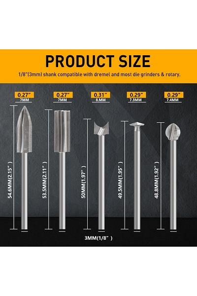 YURINWOO Round 3mm 50mm 5pcs 5 Pcs Wood Carving Drill Bits Set With 3mm Shank Compatible With Dremel Rotary T