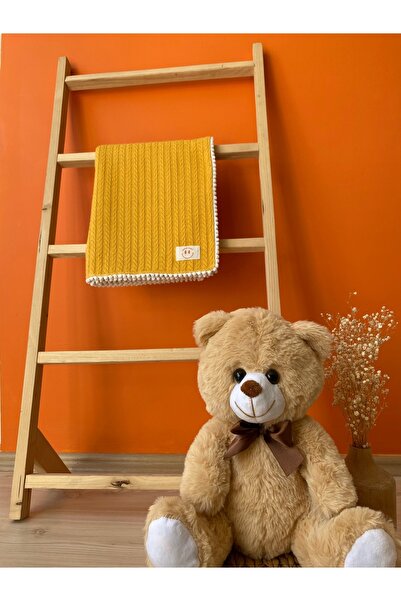 Örgü Desen Bebek Pikesi Organik Pamuk Bebek Battaniyesi Kayısı Sarı 100x120 Cm