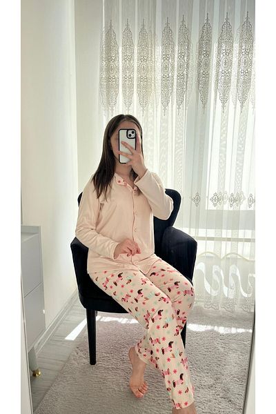 Lena Homewears Dogi Patterned Buttoned Thermal Pajama Set with Powder Underwear