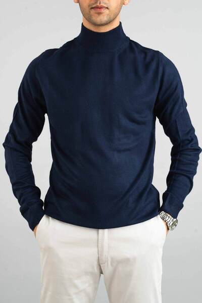 bombe Ανδρικό πλεκτό πουλόβερ με μισό ζιβάγκο σε μπλε ναυτικό