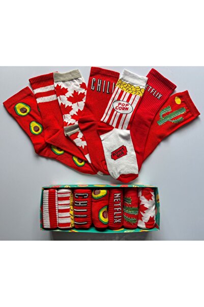 SocksandMore Kırmızı Renkli Desenli 7'li Çorap Kutusu Renkli Soket Kolej Çorap