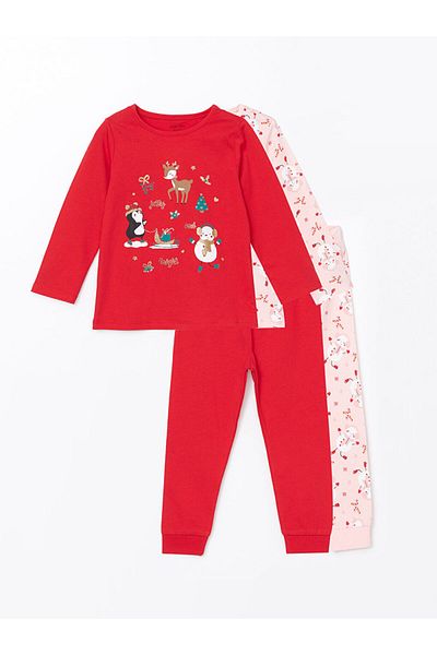 LC Waikiki Lcw Baby Christmas Themed Crew Neck Printed Baby Girl Pajamas Set 2 Pieces