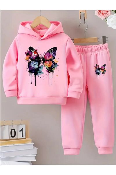 MİLANO KİDS Butterfly Printed Girl's 2 Thread Seasonal Lower Upper Tracksuit Set