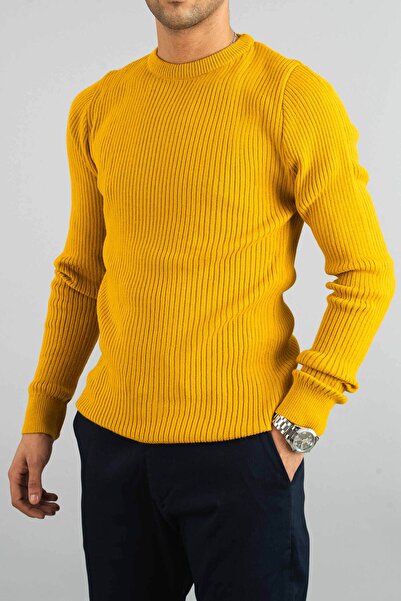 bombe Men's Mustard Slim Fit Crew Neck Cotton Knitwear Sweater