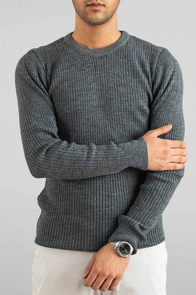 bombe Grauer Slim-Fit-Strickpullover aus Baumwolle mit Rundhalsausschnitt für Herren