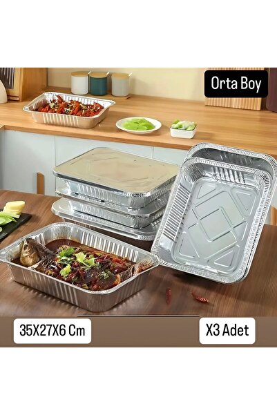 Metler Alüminyum Folyo Orta Boy Tepsi Folyo Tepsi (35X27X6 Cm )3 Adet