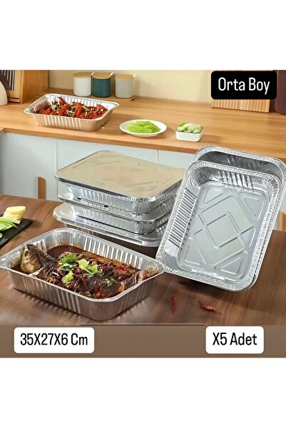 Metler Alüminyum Folyo Orta Boy Tepsi Folyo Tepsi (35X27X6 Cm )5 Adet