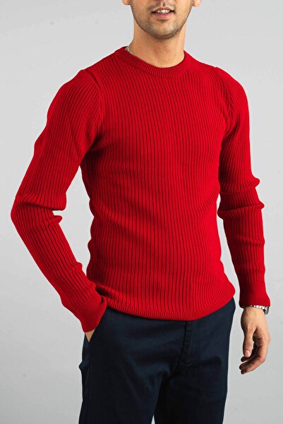 bombe Men's Red Slim Fit Crew Neck Cotton Knitwear Sweater