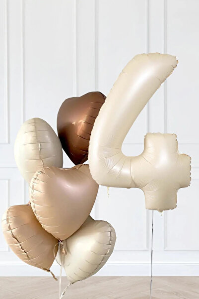 Öz-bal 4 Yaş Retro Bej Yaş Balonlu Latte Bej Kahve Kalpli Retro Doğum Günü Ya...