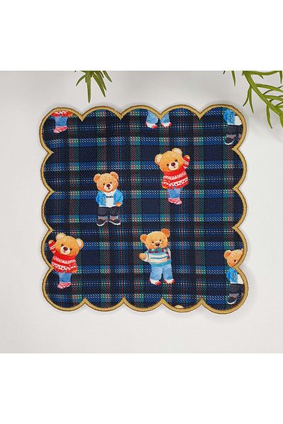 DECO Navy Blue Plaid Background Teddy Bear Digital Printed Edge Embroidered Cocktail Napkin