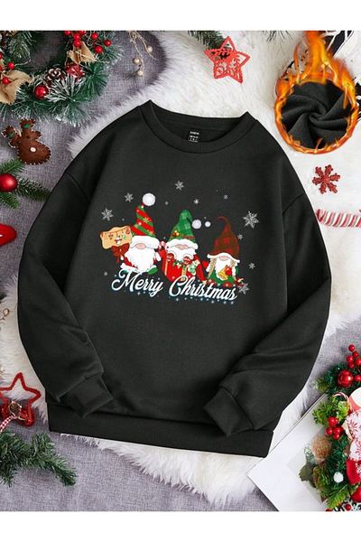 Pink Sky Fleece Loose Thick Lined Sweatshirt - Crew Neck, Christmas Printed, Autumn/Winter