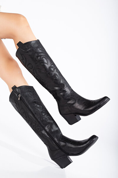 Hanımsoller Fekete mintás Cowboy csizma