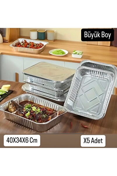 Metler Alüminyum Folyo Büyük Boy Tepsi Folyo Tepsi (40X34X6 Cm ) 5 Adet